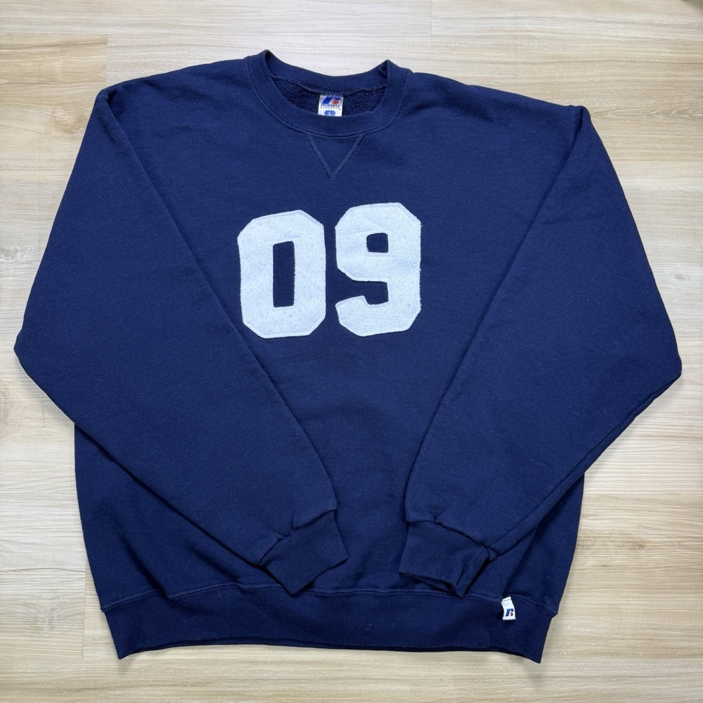 VINTAGE Y2K RUSSELL ATHLETIC SWEATSHIRT NAVY BLUE SIZE L FELT PATCH 09 DRI-POWER